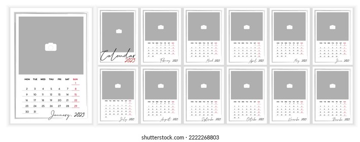 Wall Monthly Photo Calendar 2023. Simple monthly vertical photo calendar Layout for 2023 year in English. Cover Calendar, 12 monthes templates. Week starts from Monday. Vector illustration