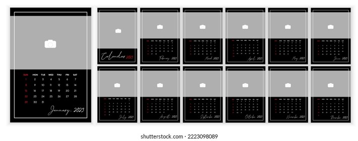 Wall Monthly Photo Calendar 2023. Simple monthly vertical photo calendar Layout for 2023 year in English. Cover Calendar, 12 monthes templates. Week starts from Monday. Vector illustration