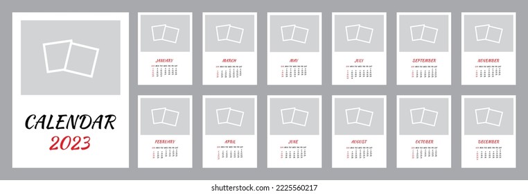 Wall Monthly Photo Calendar 2023. Simple monthly vertical photo calendar Layout 2023 year in English. Cover, 12 months templates. Week starts from Sunday. Vector illustration