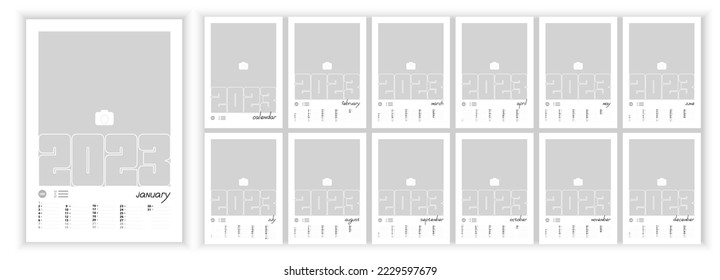 Wall Monthly Photo Calendar 2023. Simple monthly vertical photo calendar Layout for 2023 year in English. Cover Calendar, 12 months templates. Vertical data grids. Vector illustration