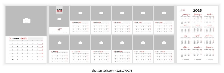 Wall Monthly Photo Calendar 2023. Simple monthly vertical photo calendar Design for 2023 year in English. Cover Calendar and 12 months templates. Monday week start. Vector illustration