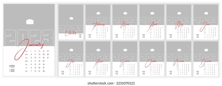 Wall Monthly Photo Calendar 2023. Simple monthly vertical photo calendar Layout 2023 year in English. Cover, 12 months templates. Week starts from Monday. Vector illustration