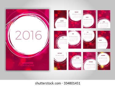 Wall Monthly Pink Calendar 2016 with Place for Photo. Vector Template. Week Starts Monday. 12 Months Set.