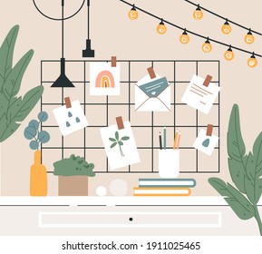 Wall mood board inspiration. Desk with books, plants, flowers, pictures, envelope and lamps. Stylish home decorations. Vector flat illustration.