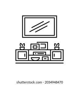 Wall mounted floating TV stand. Vector illustration of modern media console. Line icon of led television table with shelves. Symbol of living room furniture. Isolated object on white background