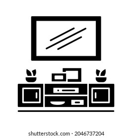 Wall Mounted Floating TV Stand. Vector Illustration Of Modern Media Console. Flat Icon Of Led Television Table With Shelves. Symbol Of Living Room Furniture. Isolated Object On White Background