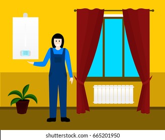 Wall mounted gas boiler. The girl expert points to the gas boiler. Heating in the house. The radiator is under the window. Warmth and comfort. Home appliances. Vector. EPS10