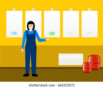 Wall mounted gas boiler. The girl expert points to the gas boiler. Heating equipment store. Radiator and expansion tank. Warmth and comfort. Home appliances. Vector. EPS10