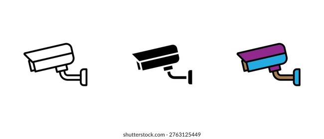 Wall mounted security CCTV camera icon set in line art, solid black, and blue-purple color for surveillance, home safety, and private monitoring concepts. Vector Illustration.