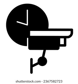 Wandmontierte Überwachungskamera und Uhren, Schutzsymbol, CCTV-Konzept, sicheres Vektorzeichen auf weißem Hintergrund, Glyph-Stil-Symbol für mobiles Konzept und Web-Design. Vektorgrafik