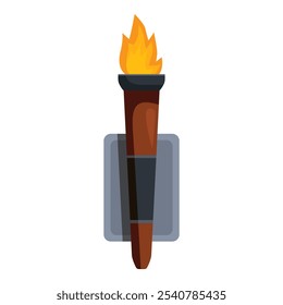 Wall mounted torch with burning fire is attached to a gray stone providing light