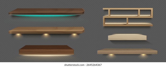 Wall mounted wood shelf collection with realistic shadows and LED lighting. Various designs compartment units and illuminated storage options for interior design and home decoration projects.