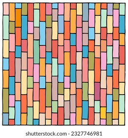 A wall of multi-colored bricks located vertically as a background, texture, pattern. Freehand drawing. Doodle. Hand Drawn. Outline. 