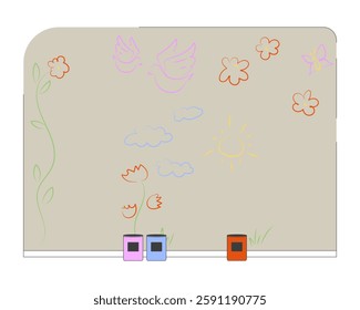 Wall mural with childish drawings and paint cans 2D vector illustration. Ongoing painting project. Community art and creative expression flat scene isolated on white background. Colorful cartoon image