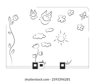 Wall mural with childish drawings and paint cans outline illustration. Ongoing painting project. Community art, creative expression 2D line scene isolated on white. Monochrome vector ink linear image