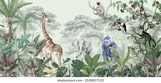 Mural de parede - Animais de selva - parede de foto, Safari Park, Ilustração de jardim, Animais, Fundo das crianças.