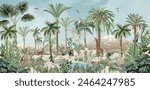 Wall Mural Modern classic white interior with stucco wall panels, Wall Mural plantation, watercolor background, birds, sky.