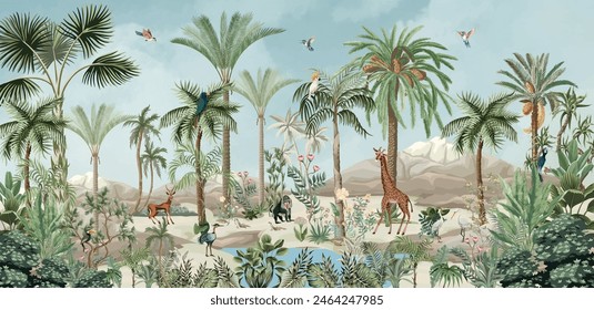 Wall Mural Modern classic white interior with stucco wall panels, Wall Mural plantation, watercolor background, birds, sky.