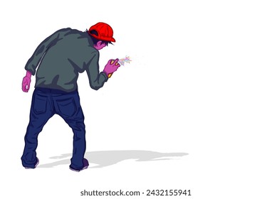 wall mural painting art, a man is spraying paint on the wall to create a work of art on a white background