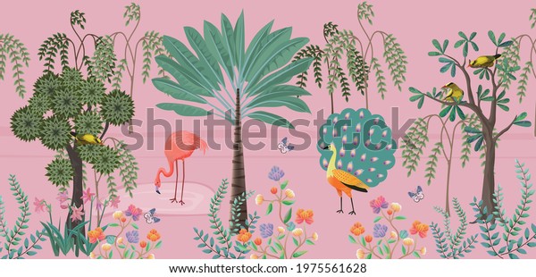 wall murals landscape forest. Nature forest and trees. Landscape flower background. vector illustration