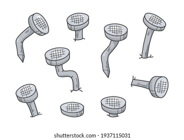 Wall nail vector, metal old rust bent icon, cartoon gray pin. Carpentry concept isolated on white background. Abstrac illustration