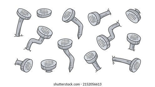 Wall nail vector, metal old rust bent icon, gray sketch pin isolated on white background. Carpentry illustration