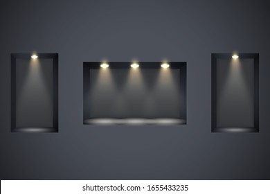 Wall With Niches And Spotlights. Concept Of Gallery. Recess In A Dark Wall In Rectangle Shaped With Point Light. Black Color. Editable Background Vector Illustration.