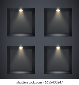 Wall with niches and spotlights. Concept of gallery. Recess in a dark wall in square shaped with point light. Black color. Editable Background Vector illustration.