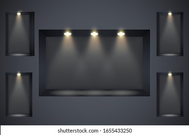 Wall With Niches And Spotlights. Concept Of Gallery. Recess In A Dark Wall In Rectangle Shaped With Point Light. Black Color. Editable Background Vector Illustration.