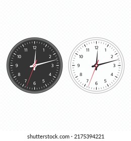 Wall office clock icon set.  Black and white wall round watches with time arrows and clock face. Vector EPS 10.