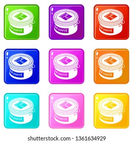 Wall paint bucket icons set 9 color collection isolated on white for any design