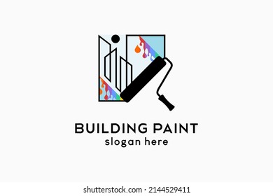 Wall paint or building paint logo design, roll brush silhouettes and buildings combined with rainbow colors in a box