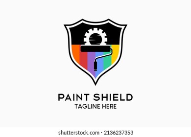 Wall paint or house paint logo design, paint roller silhouette with gear icon in a rainbow color concept in a shield. Modern vector illustration