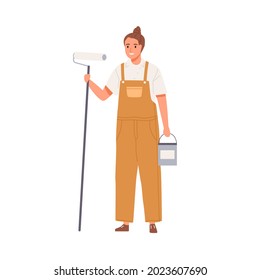 Wall painter standing with paint bucket and roller. Portrait of happy smiling female worker holding tools. Woman in overalls from repair service. Flat vector illustration isolated on white background