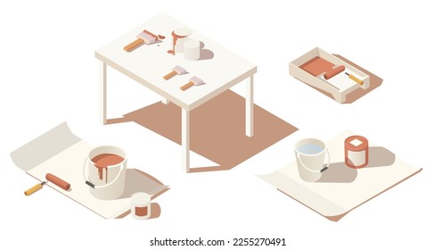 Juego de herramientas de pintor de pared. Dibujar rodillo, cepillo y lata con pintura roja naranja. Equipamiento de decoración Iconos del equipo de pintores de renovación de estilo isométrico 3d aislados en fondo blanco. Ilustración del vector