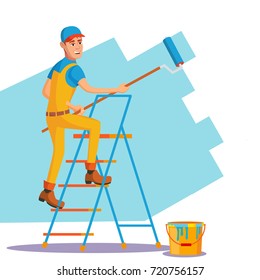 Wall Painter Vector. Worker At Work. Painting Wall. Isolated Flat Cartoon Character Illustration