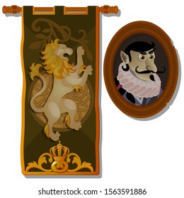 A wall painting canvas a lion and a medieval portrait of a man in a wooden frame isolated on a white background. Vector cartoon close-up illustration