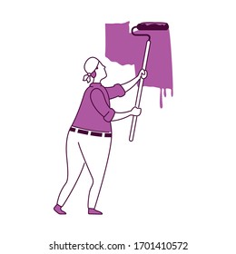 Ilustración vectorial de silueta plana de pintura mural. Trabajador manual con rodillo. Carácter de contorno aislado 2D del pintor profesional sobre fondo blanco. Repara el hogar con un dibujo de estilo sencillo