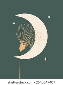 Wall painting, interior decor, moon and flowers, golden outline, stars, night background. Vector illustration