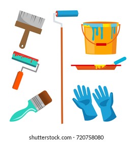 Wall Painting Items Vector. Accessories Set. Roll Brush, Paint, Bucket, Gloves. Isolated Cartoon Illustration