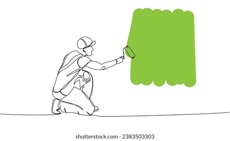 Wall painting, painter paints wall, holds paint tray, roller leaves a trace, worker in uniform one line art. Continuous line color drawing of repair, professional.