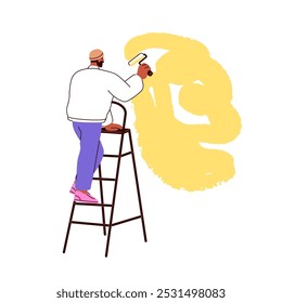 Wall painting process. Painter worker on ladder, holding roller for home renovation, decoration with paint. Man works, interior improvement. Flat vector illustration isolated on white background