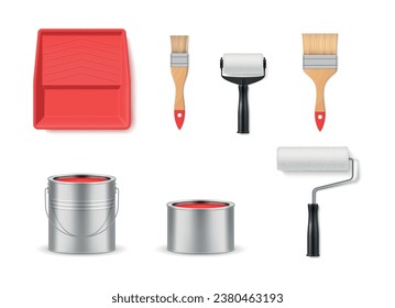 Herramientas de pintura mural roller pincel pincel cubo de pintura roja conjunto de ilustración vectorial realista. Equipo de mejora de la renovación de los hogares instrumento de reparación de arte doméstico decoración interior al aire libre