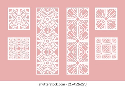 Wall panel set. Room screens and dividers design. Laser cut panel vector. Cutout silhouette with geometric pattern, ideal for paper cut card printing, engraving,  wood, metal, stencil.