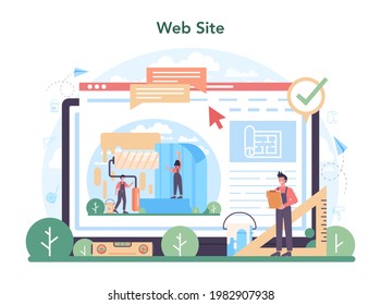 Wall papering online service or platform. Worker gluing wallpapers on the wall. Professional worker in the uniform repair house. Website. Isolated vector illustration