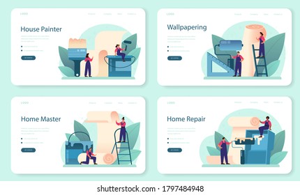 Banner web de papel de pared o juego de páginas de inicio. Trabajador pegando papeles pintados en la pared. Trabajador profesional en la casa de reparación de uniformes. Renovación de viviendas. Ilustración vectorial aislada