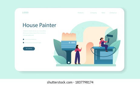 Wall papering web banner or landing page. Worker gluing wallpapers on the wall. Professional worker in the uniform repair house. Home renovation. Isolated vector illustration