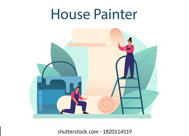 Papel mural. Trabajador pegando papeles pintados en la pared. Trabajador profesional en la casa de reparación de uniformes. Renovación de viviendas. Ilustración vectorial aislada