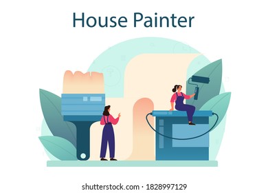 Papel mural. Trabajador pegando papeles pintados en la pared. Trabajador profesional en la casa de reparación de uniformes. Renovación de viviendas. Ilustración vectorial aislada