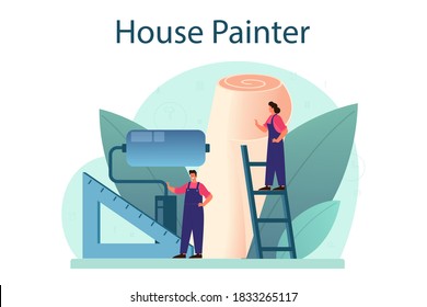 Wall papering. Worker gluing wallpapers on the wall. Professional worker in the uniform repair house. Home renovation. Isolated vector illustration